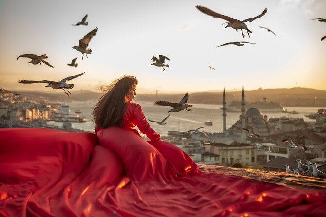 Flying Dress Photography on an Iconic Rooftop in Istanbul - Stop 1: Bosphorus Bridge photos with seagulls and open-air drama