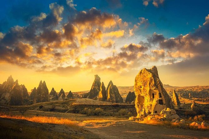 Fairy chimneys in the Cappadocia valleys at sunset